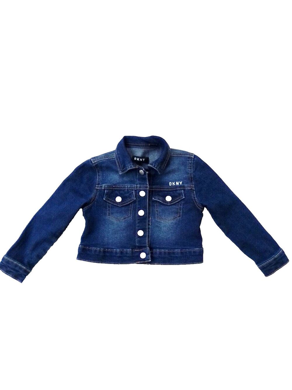 DKNY Girls Distressed Denim Logo Snap Close Button Long Sleeve Jacket Size 4